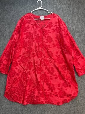 Just My Size Women's 3X Red Floral Burnout Sleep Top Button Front Polyester